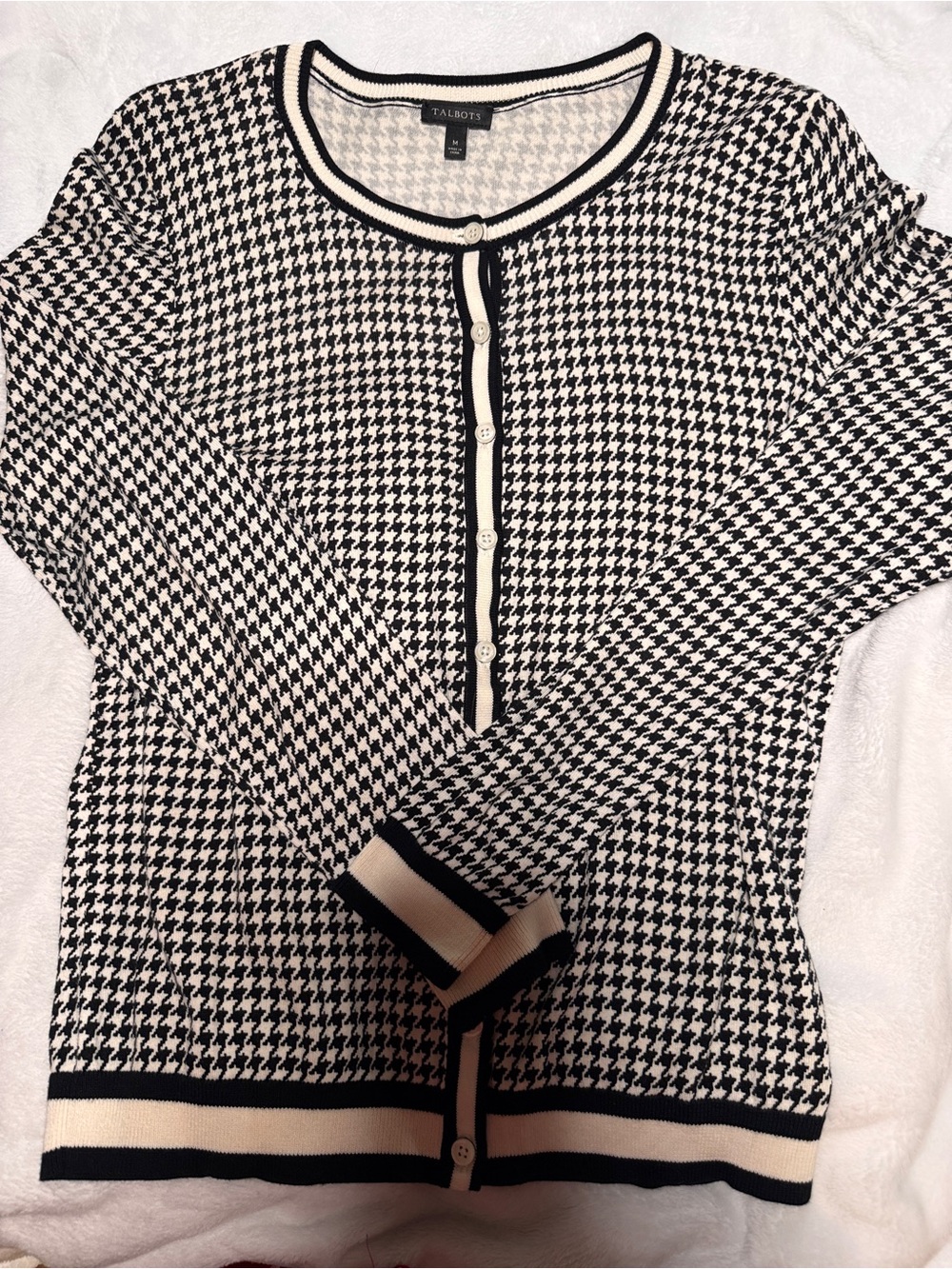 Talbots Black & Cream Houndstooth Crewneck Cardigan